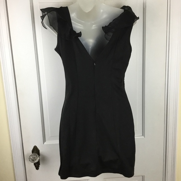 Black Mini Dress | V-Neck with Ruffle - Picture 4 of 6
